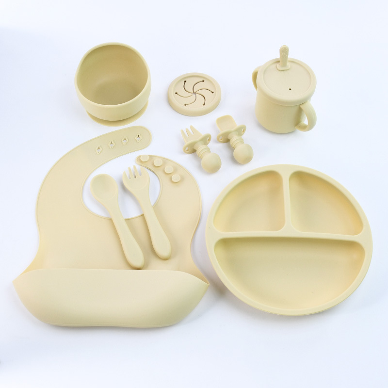 V888-ELOSUNG11938-210759-00 Beige 8-Piece Silicone Children's Tableware Set - BPA-Free Baby Feeding Utensils with Fork, Spoon, Cup, Bowl, and Bibs - Image 1