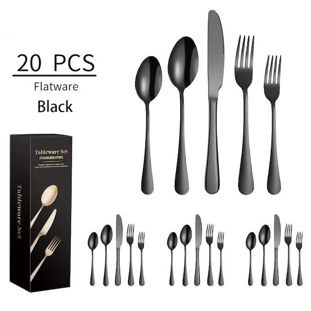 V888-ELOSUNG11944-210653-00 Black 410 Stainless Steel Cutlery Set - Western Steak Knife, Fork & Spoon Set, 4 Set/20-Piece Dinnerware Set - Image 1
