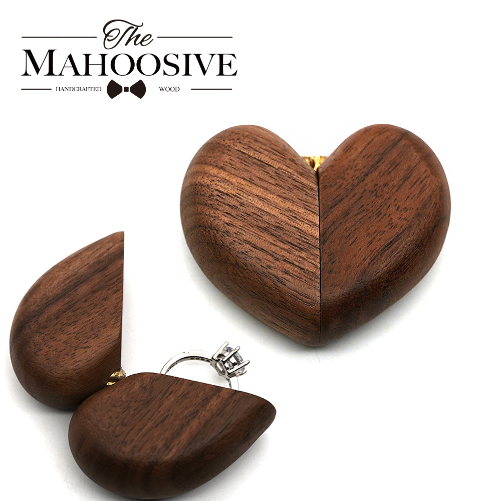 V888-ELOSUNG11949-210778-00 Black Walnut Wood Heart-Shaped Ring Box - Elegant Engagement & Wedding Ring Holder, Jewelry Collector's Box - Image 1