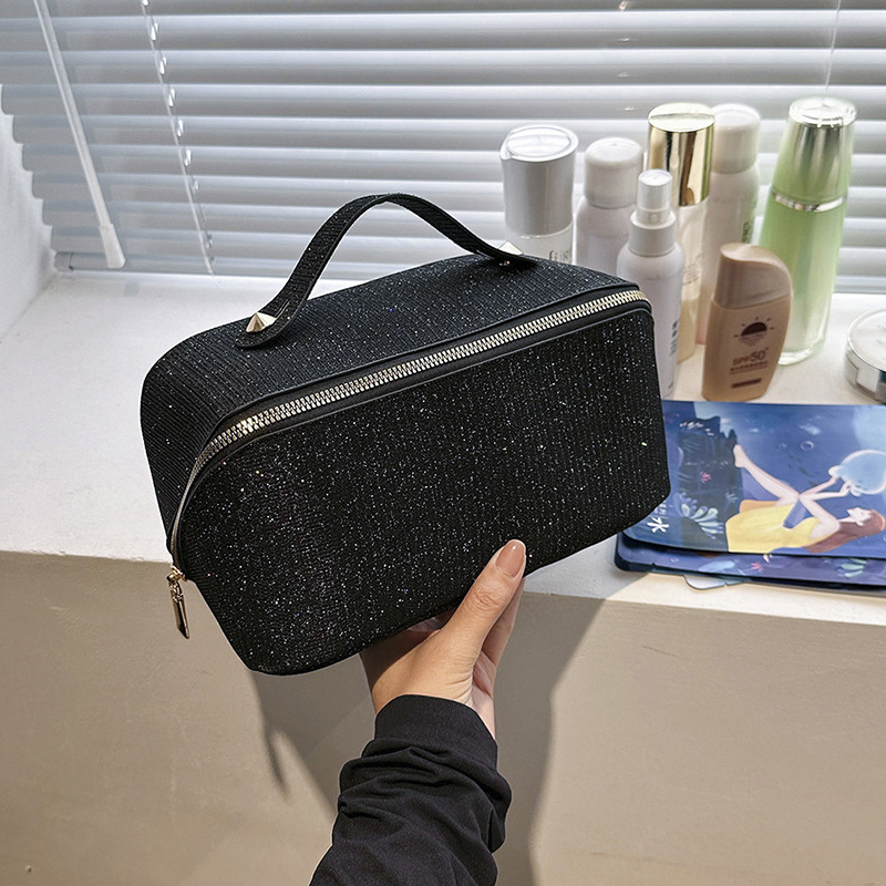 V888-ELOSUNG11950-210780-00 Black Shiny Large Capacity Makeup Bag - Multi-Function Travel Toiletry Organizer, Handheld Cosmetic Storage Bag - Image 1