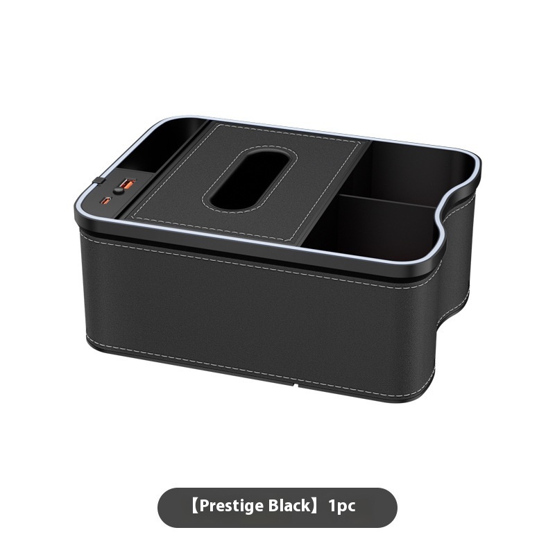 V888-ELOSUNG11957-211167-00 Black Car Armrest Storage Box with LED Ambient Light - Multifunctional Tissue Holder & Organizer for Car Interior - Image 1