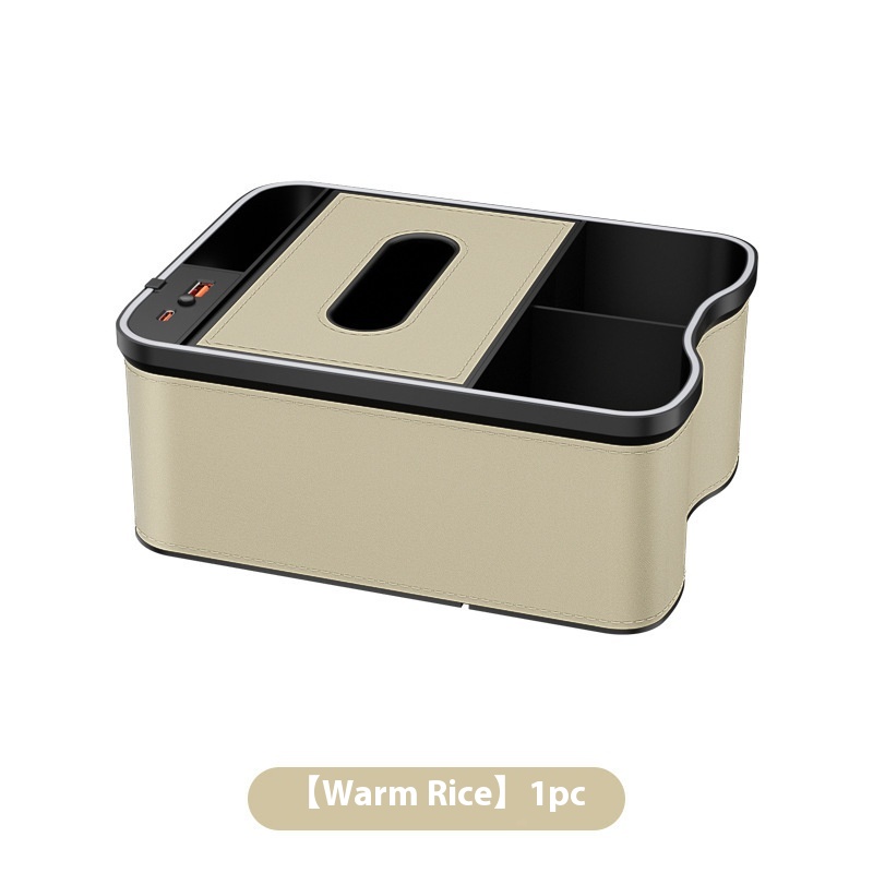 V888-ELOSUNG11958-211168-00 Warm Rice Car Armrest Storage Box with LED Ambient Light - Multifunctional Tissue Holder & Organizer for Car Interior - Image 1