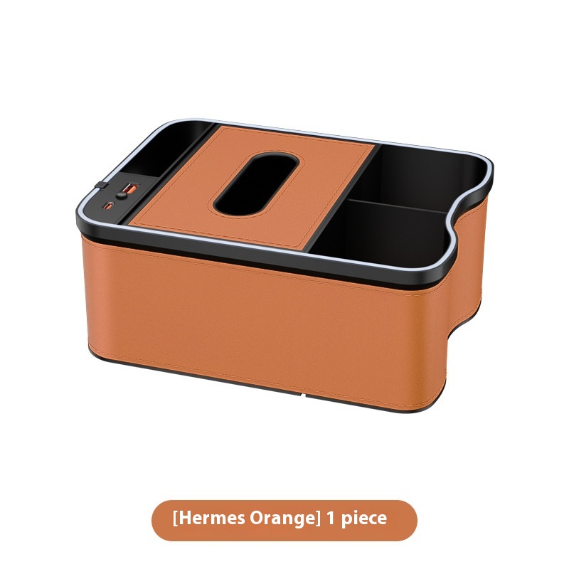 V888-ELOSUNG11961-211171-00 Mermes Orange Car Armrest Storage Box with LED Ambient Light - Multifunctional Tissue Holder & Organizer for Car Interior - Image 1