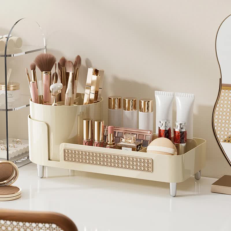 V888-ELOSUNG11987-211130-00 White Cosmetic Organizer - Rotating Desktop Makeup Brush Holder with Large Capacity Storage - Image 1