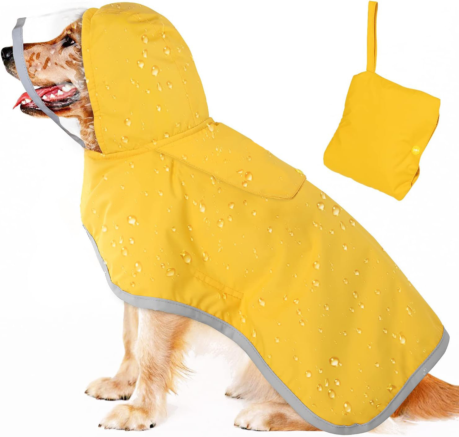V888-ELOSUNG12114-210358-00 M Yellow Reflective Adjustable Pet Raincoat with Hood - Waterproof Dog Jacket, Adjustable Dog Poncho for Outdoor Protection - Image 1