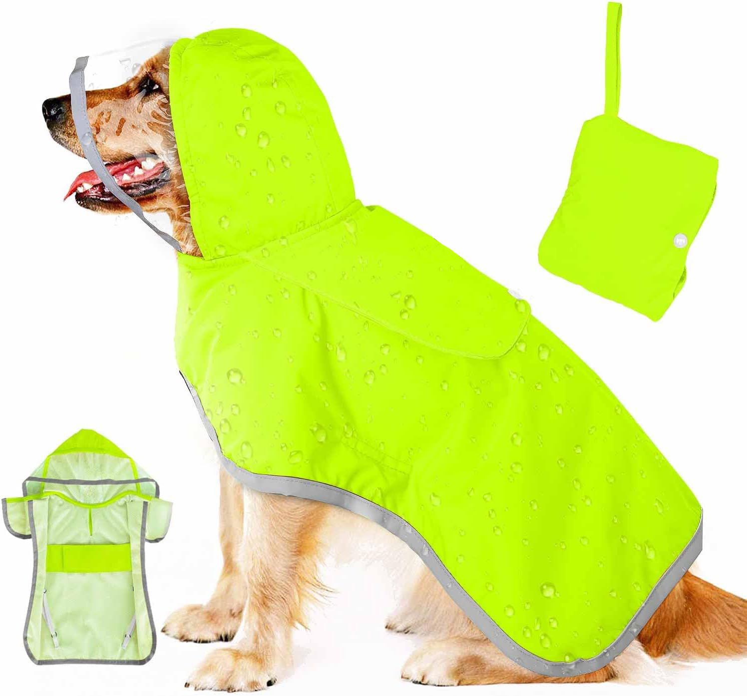 V888-ELOSUNG12124-210418-00 XXL Green Reflective Adjustable Pet Raincoat with Hood - Waterproof Dog Jacket, Adjustable Dog Poncho for Outdoor Protection - Image 1