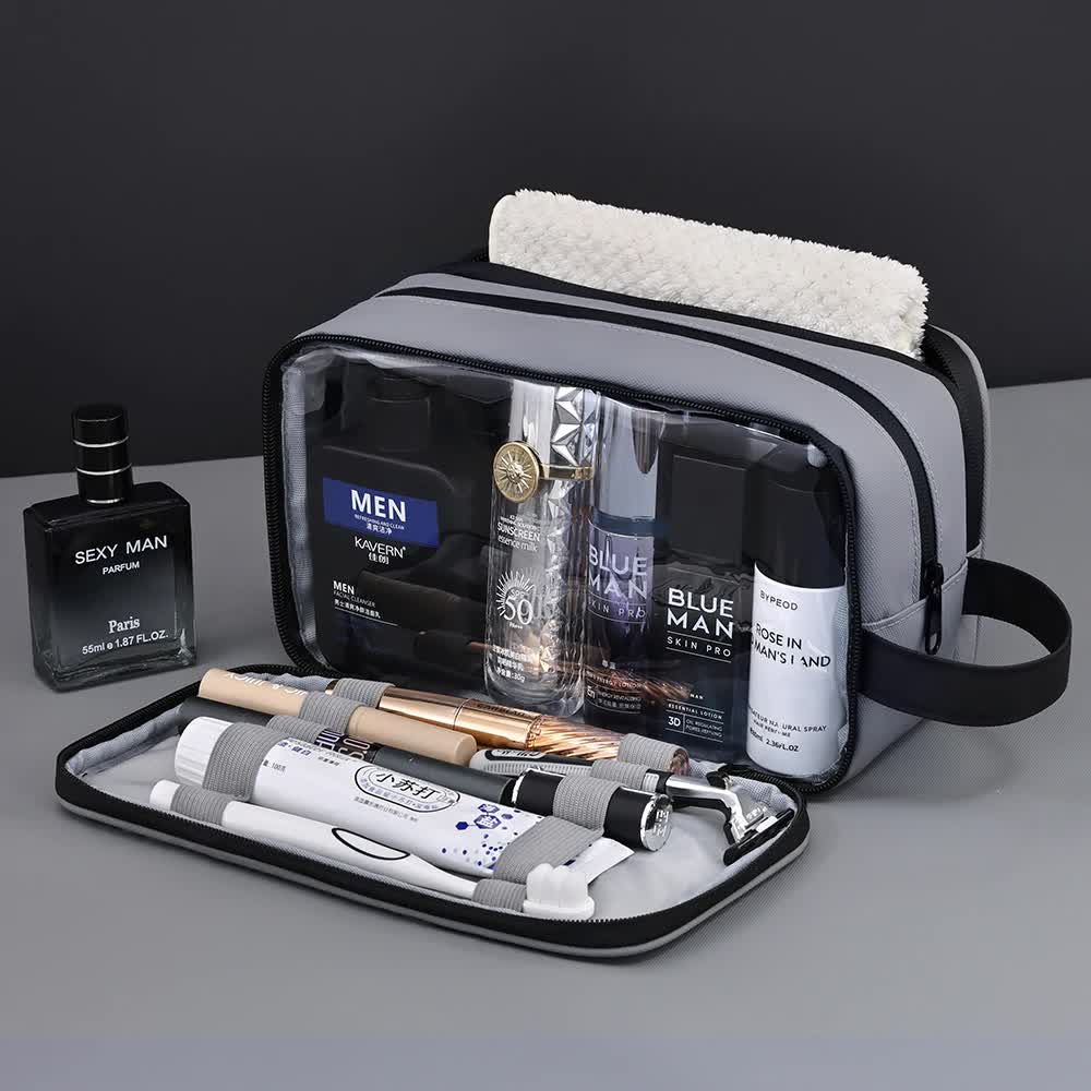 V888-ELOSUNG12217-210665-00 Grey Elite Series 3-Layer Large Capacity Men's Toiletry Bag - Portable Travel Cosmetic Organizer with Premium Design - Image 1