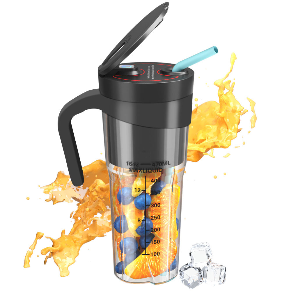 V888-ELOSUNG12263-211119-00 Black Portable Juicer Cup with Straw, USB Rechargeable 6-Blade Blender, Multi-Function Juice Maker for Travel and Outdoor Use - Image 1