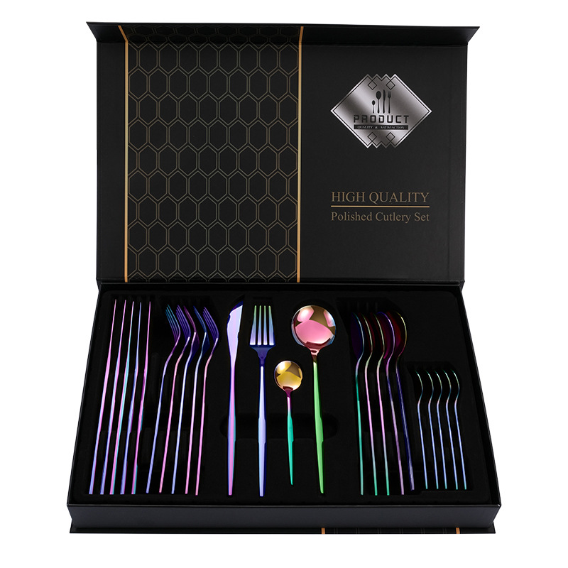V888-ELOSUNG12356-212057-00 Colorful Color Premium 24-Piece Stainless Steel Cutlery Set - Elegant Golden Steak Knife, Fork, and Spoon Set in Luxury Gift Box - Image 1