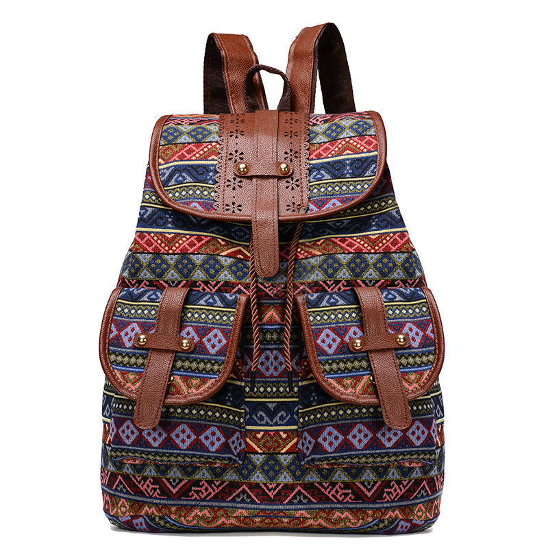 V888-ELOSUNG12569-212402-00 Diamond Pattern Bohemian Style Canvas Backpack - Vintage Tribal Pattern Travel Bag with Leather Straps - Image 1