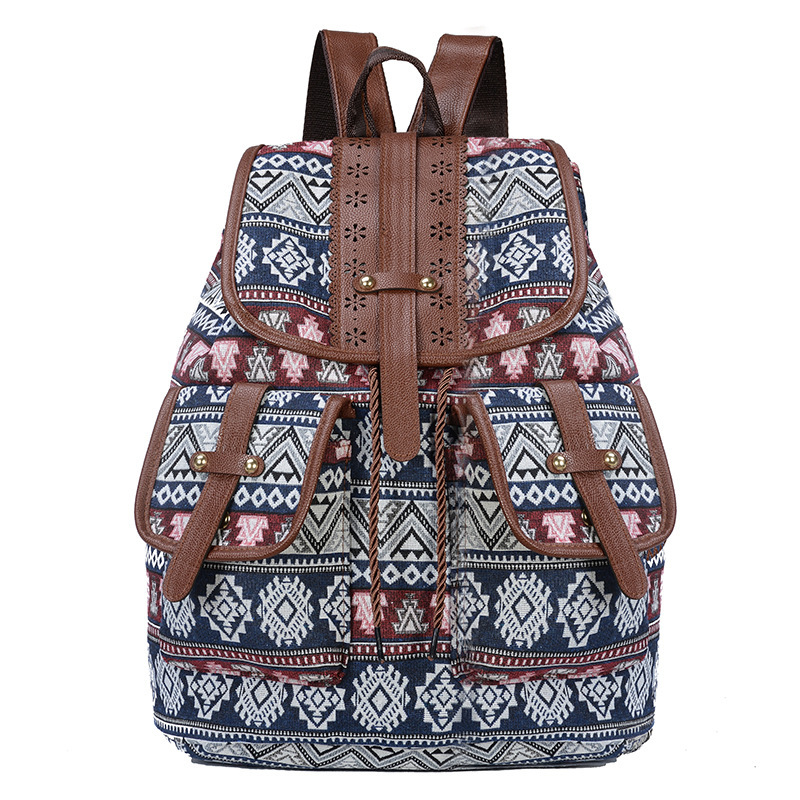 V888-ELOSUNG12570-212403-00 Bohemian Style Canvas Backpack - Vintage Tribal Pattern Travel Bag with Leather Straps - Image 1
