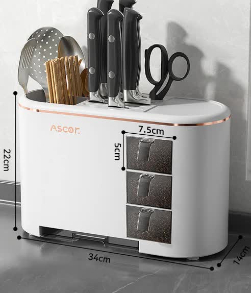 V888-ELOSUNG12597-214067-00 White All-in-One Kitchen Knife and Utensil Holder - Multi-Functional Organizer with Storage Drawers - Image 1