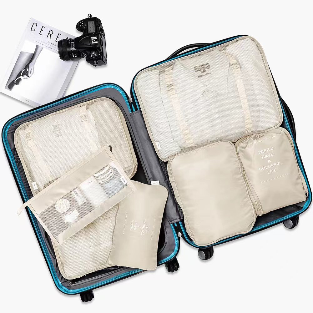 V888-ELOSUNG12608-212537-00 Beige Travel Packing Cube Set - 7-Piece Luggage Organizer for Clothes, Toiletries, and Accessories - Image 1
