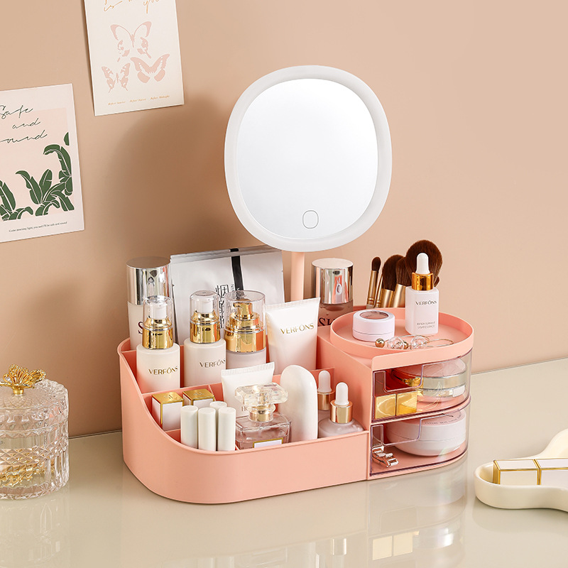 V888-ELOSUNG1271-202640-00 Makeup Organizer With Mirror - Pink (28.5*16*10.5cm) - Image 1