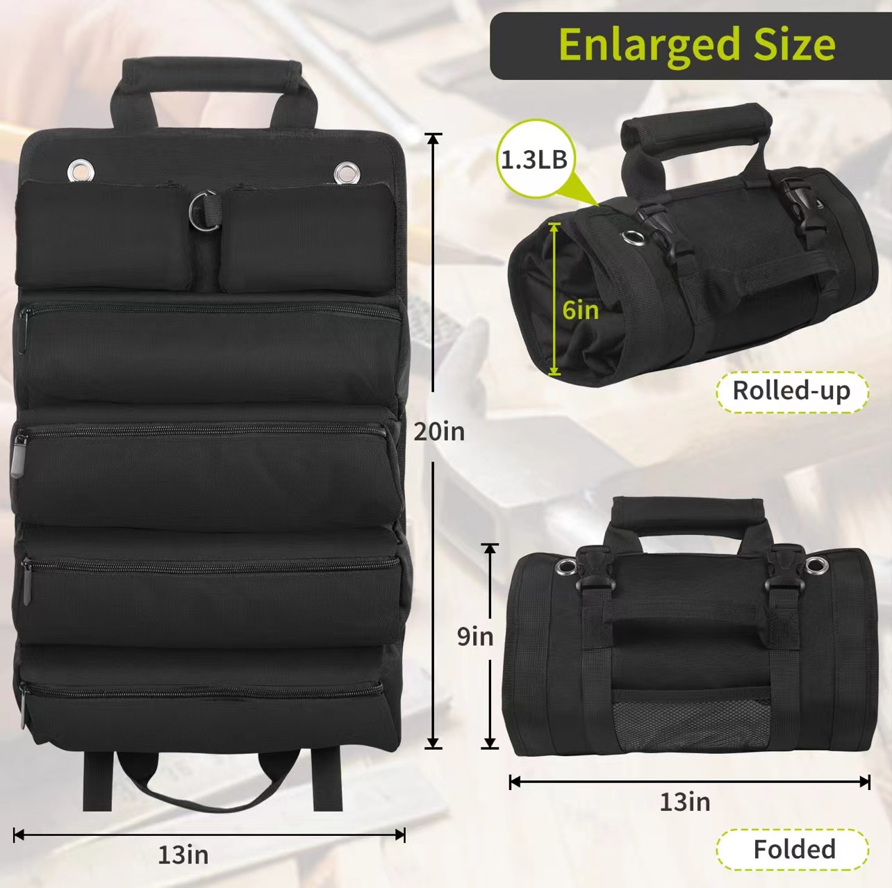 V888-ELOSUNG12742-212982-00 Heavy-Duty Tool Organizer Roll with Detachable Pouches - Image 1