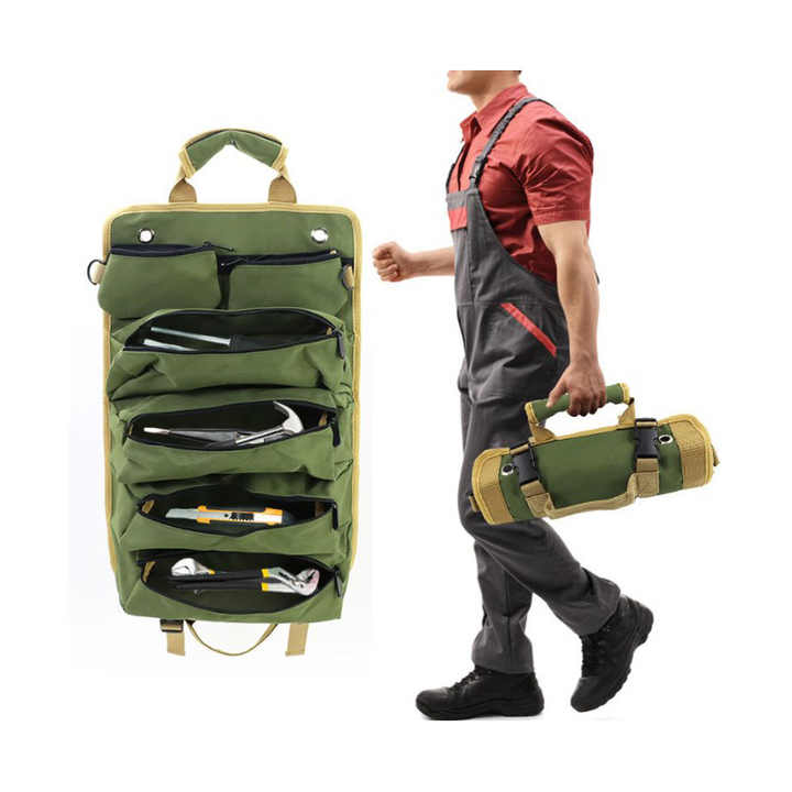 V888-ELOSUNG12744-212984-00 Green Portable Roll-Up Tool Organizer with Zippered Pockets - Image 1