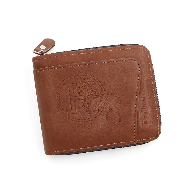 V888-ELOSUNG12758-212963-00 Brown Men's Leather Wallet with Zipper and Horse Embossed Design - Compact and Stylish - Image 1
