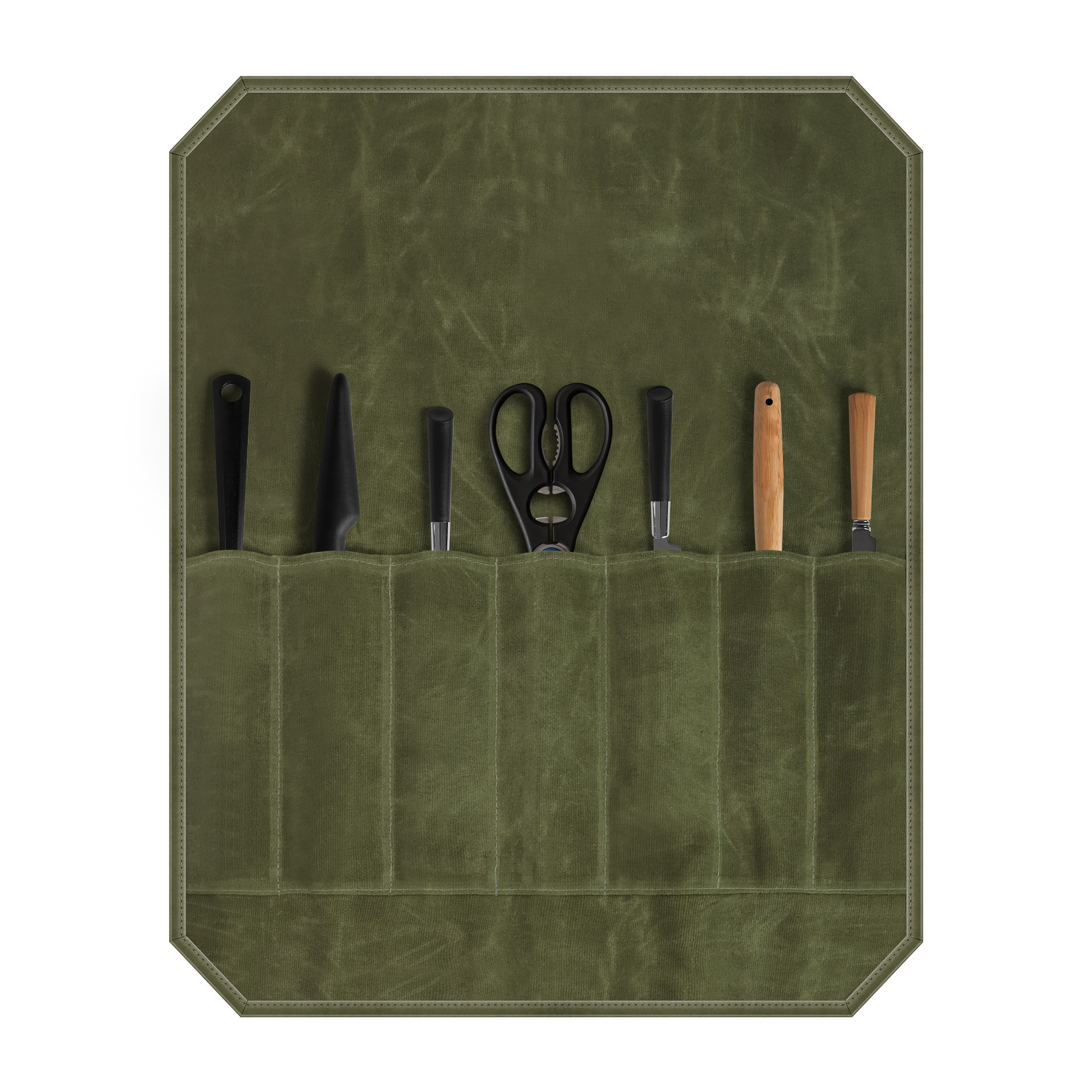 V888-ELOSUNG12873-213816-00 Green Durable Waxed Canvas Knife Roll Bag - Portable Chef Tool Organizer - Image 1