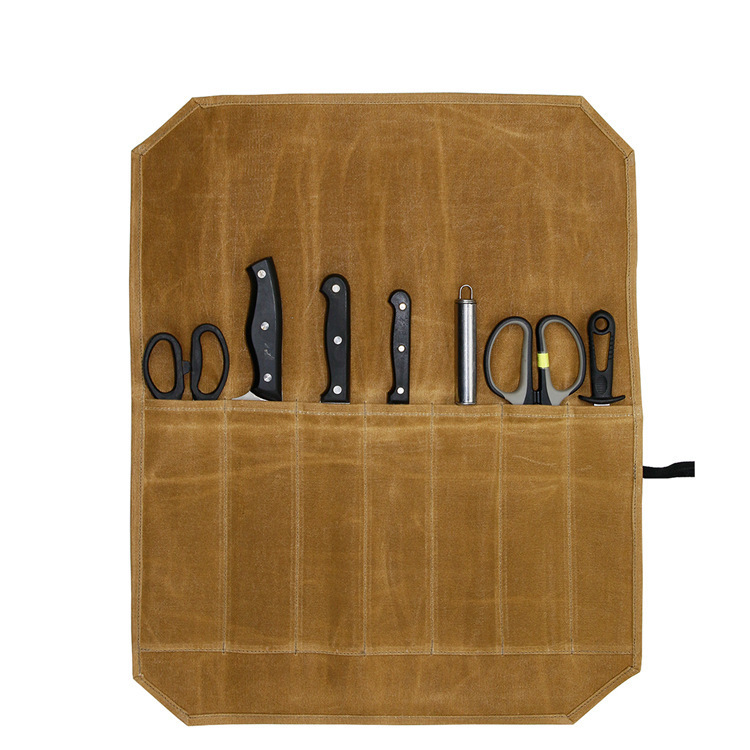 V888-ELOSUNG12874-213815-00 Beige Durable Waxed Canvas Knife Roll Bag - Portable Chef Tool Organizer - Image 1