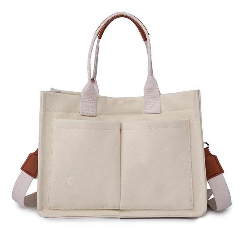 V888-ELOSUNG12882-213774-00 White Stylish Canvas Briefcase Tote Bag with Large Capacity for Women - Image 1
