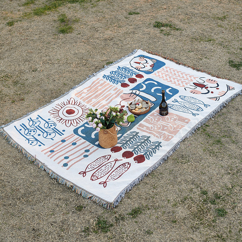 V888-ELOSUNG12891-214407-00 Lucky Cat Bohemian Style Outdoor Picnic Blanket - 130*180cm Decorative Throw - Image 1