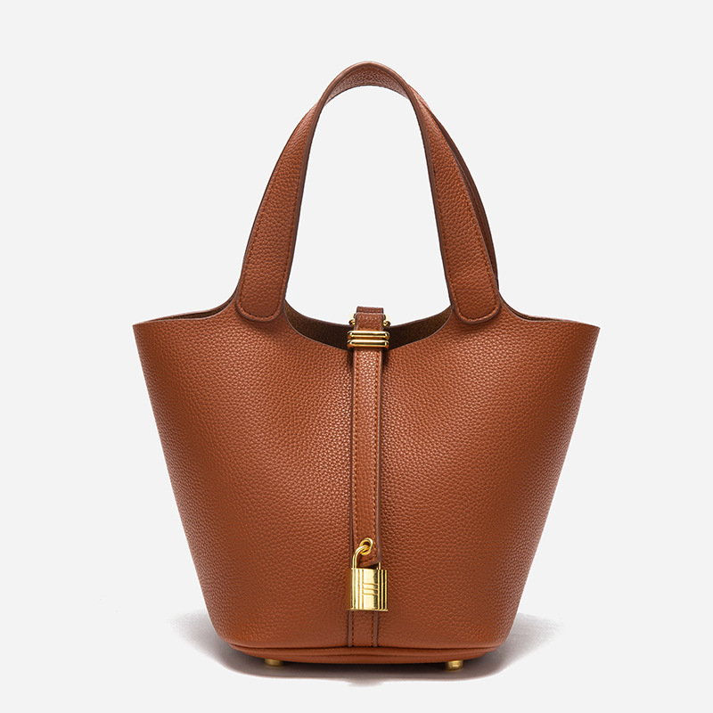 V888-ELOSUNG12948-213900-00 Brown Elegant Women's Leather Tote Handbag with Gold Lock Detail - Image 1