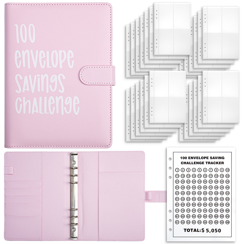 V888-ELOSUNG12977-214003-00 Pink 100-Day Savings Challenge Cash Binder with Tracker and Refillable Notebook - Image 1