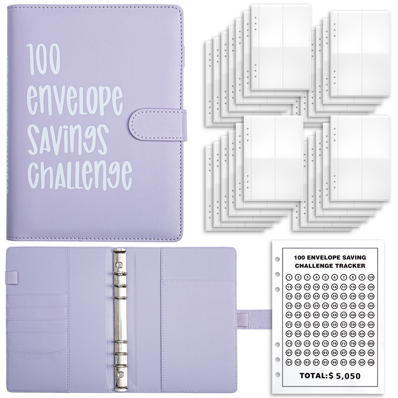 V888-ELOSUNG12979-214001-00 Purple 100-Day Savings Challenge Cash Binder with Tracker and Refillable Notebook - Image 1