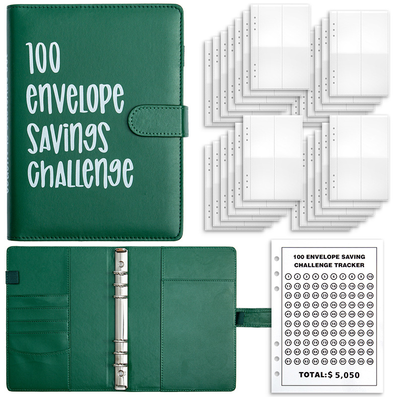 V888-ELOSUNG12981-213999-00 Green 100-Day Savings Challenge Cash Binder with Tracker and Refillable Notebook - Image 1