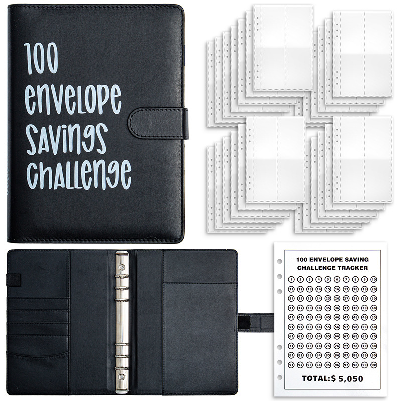 V888-ELOSUNG12982-213998-00 Black 100-Day Savings Challenge Cash Binder with Tracker and Refillable Notebook - Image 1