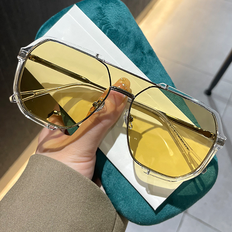 V888-ELOSUNG12992-214037-00 Transparent White and Yellow Tablets Unisex Oversized Aviator Metal Frame Sunglasses - Retro Fashion Eyewear with AC Lenses - Image 1