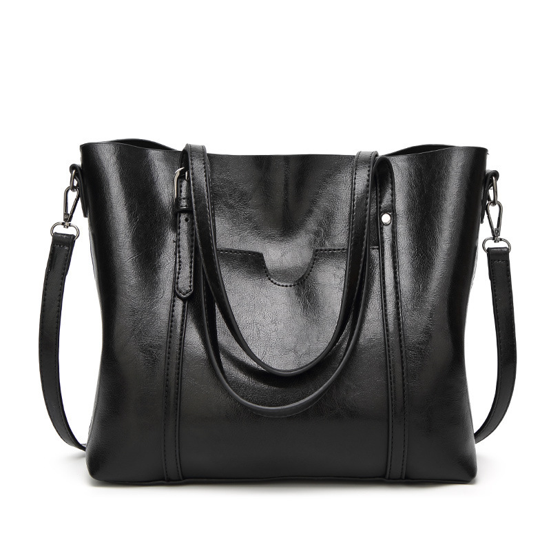 V888-ELOSUNG13063-210141-00 Black Fashionable Soft Leather Women's Handbag, Large Capacity Shoulder & Crossbody Tote, Casual Bucket Bag - Image 1