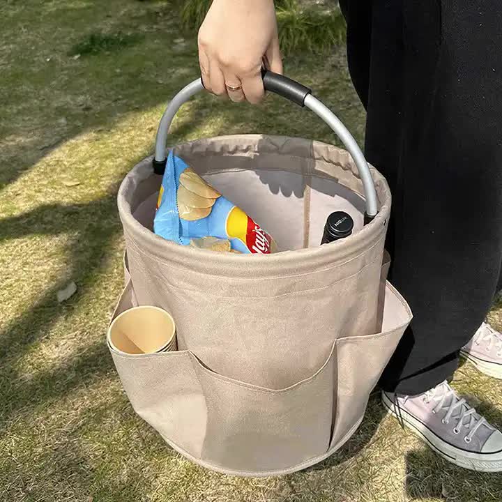 V888-ELOSUNG13096-210304-00 Khaki Portable Folding Picnic Basket – Multi-Function Beach Basket, Storage Bag, Toiletry Organizer, and Shopping Basket for Outdoor and Home Use - Image 1