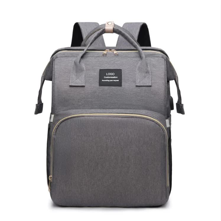 V888-ELOSUNG13098-210313-00 Grey Portable Mommy Bag with Baby Crib – Multi-Function Baby Diaper Backpack, Lightweight and Large Capacity for Moms - Image 1