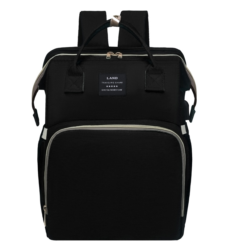 V888-ELOSUNG13099-210314-00 Black Portable Mommy Bag with Baby Crib – Multi-Function Baby Diaper Backpack, Lightweight and Large Capacity for Moms - Image 1