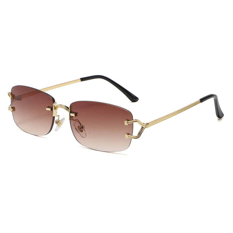 V888-ELOSUNG13169-210467-00 Light Brown Stylish Frameless Diamond-Cut Sunglasses with Metallic Temples - Trendy Line-Design Fashion Eyewear - Image 1