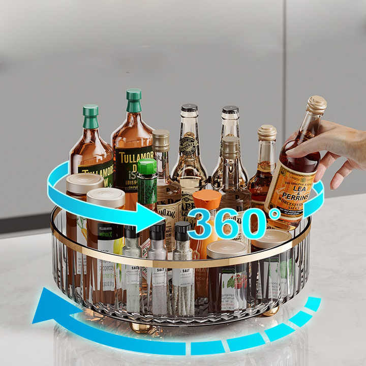 V888-ELOSUNG13243-210656-01 Grey Luxury Rotating Storage Rack - Transparent Spice Organizer & Condiment Holder for Kitchen and Living Room, Desktop Rotating Tray for Efficient Storage - Image 1