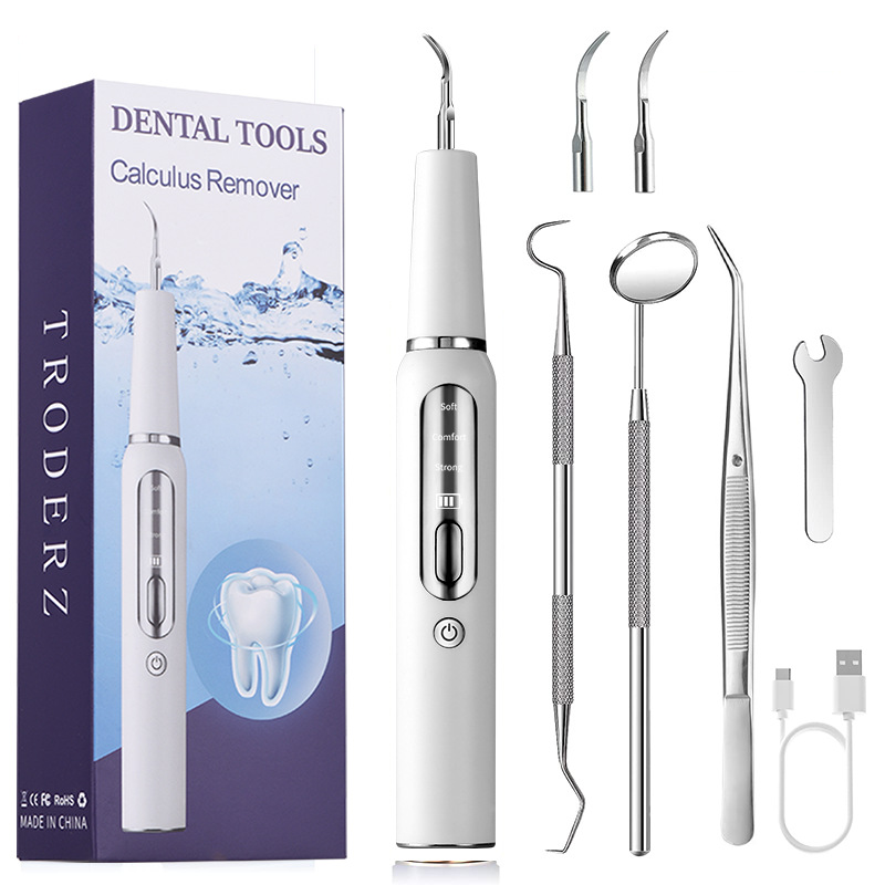 V888-ELOSUNG13323-211291-00 White Portable Ultrasonic Dental Cleaner, Home Use Plaque Remover, Sonic Tooth Stain & Tartar Cleaning Tool - Image 1