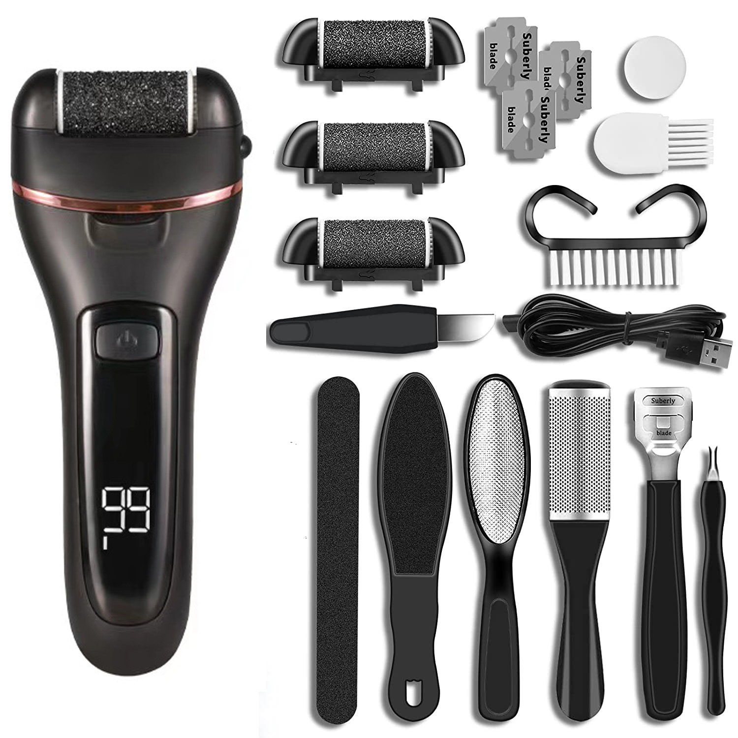 V888-ELOSUNG13331-211138-00 Black 10 Pcs Suit Electric Foot Callus Remover with LCD Display | Waterproof Pedicure Set | Dual-Speed Dead Skin Exfoliator for Smooth Feet - Image 1