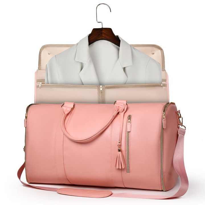 V888-ELOSUNG13395-211505-00 Pink PU Leather Foldable Garment Bag, Women's Travel Duffel with Suit Carrier, Multi-Function Storage - Image 1
