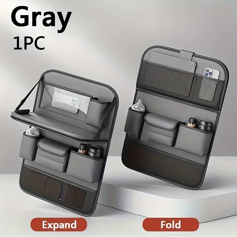 V888-ELOSUNG13416-211844-00 Grey Car Seat Back Organizer with Foldable Tray, Leather Backseat Storage Bag, Multi-Pocket Vehicle Organizer - Image 1