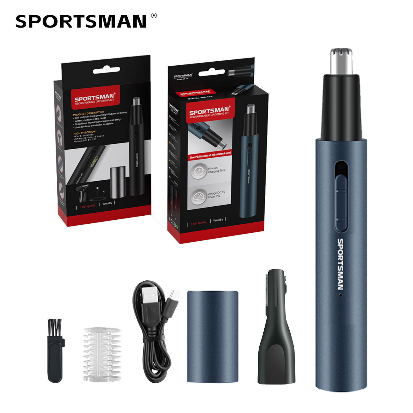 V888-ELOSUNG13538-212092-00 Dark Blue Electric Nose Hair Trimmer with Sideburn Cutter - Portable USB Rechargeable Grooming Kit - Image 1