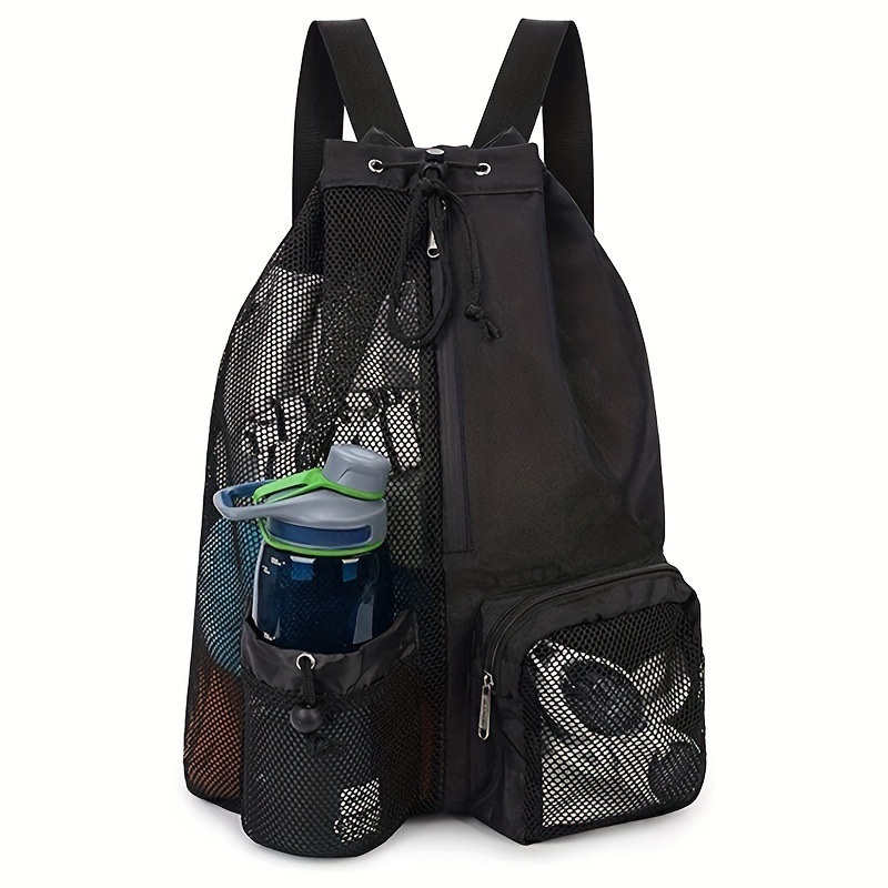 V888-ELOSUNG13565-212253-00 Black Mesh Drawstring Swim Backpack with Wet Pocket – Lightweight Beach, Gym, Outdoor Sports Bag – 245g - Image 1