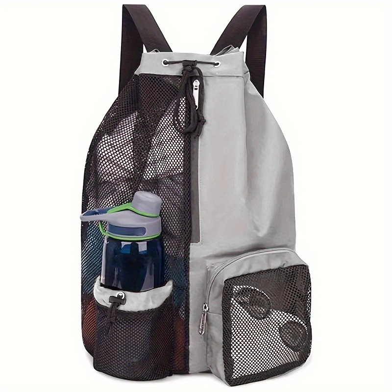 V888-ELOSUNG13568-212195-00 Light Grey Mesh Drawstring Swim Backpack with Wet Pocket - Lightweight Beach, Gym, Outdoor Sports Bag - 245g - Image 1