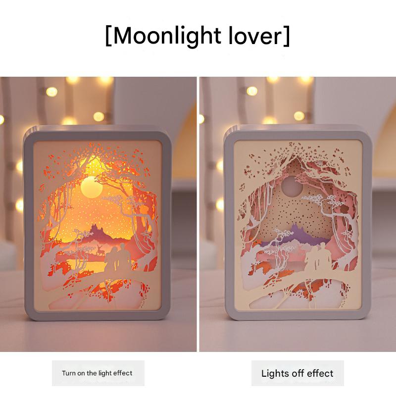 V888-ELOSUNG13584-212236-00 Moonlight Lovers 3D Paper Carving Night Light - USB Or Battery Powered Decorative Bedside Lamp | Atmosphere Lamp for Bedroom | Creative Starry Night and Little Prince Design Gift - Image 1