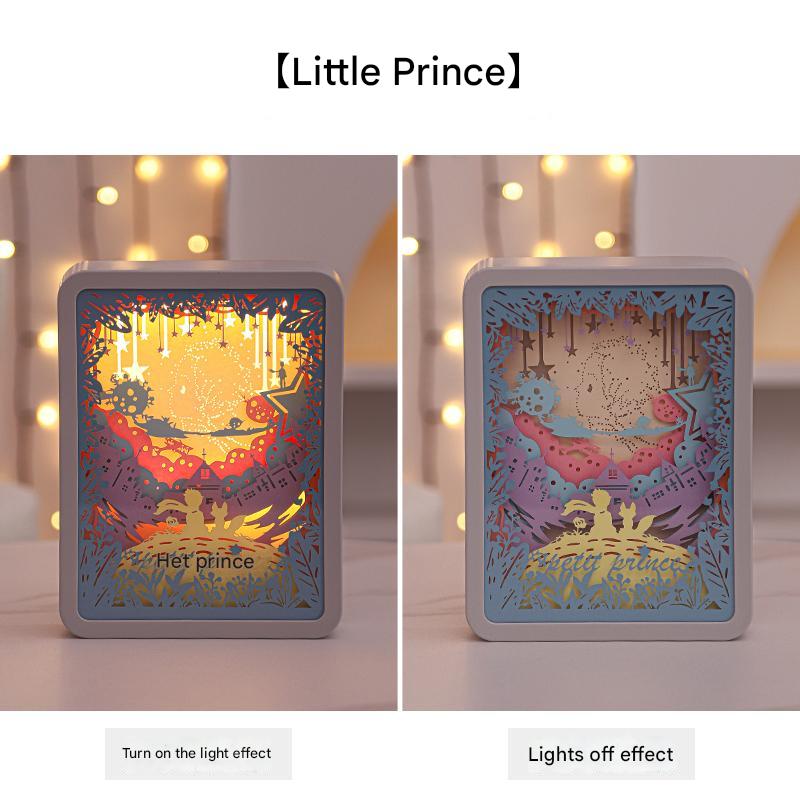 V888-ELOSUNG13585-212237-00 The Little Prince 3D Paper Carving Night Light - USB Or Battery Powered Decorative Bedside Lamp | Atmosphere Lamp for Bedroom | Creative Starry Night and Little Prince Design Gift - Image 1