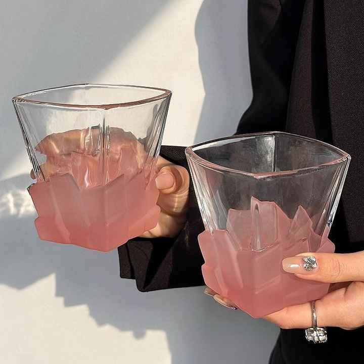 V888-ELOSUNG13618-212473-00 4 Pcs Pink Frosted Ice Cube Glass - Creative Whiskey Glass, Premium Textured Tumbler, 300ml Capacity for Home Bars - Image 1