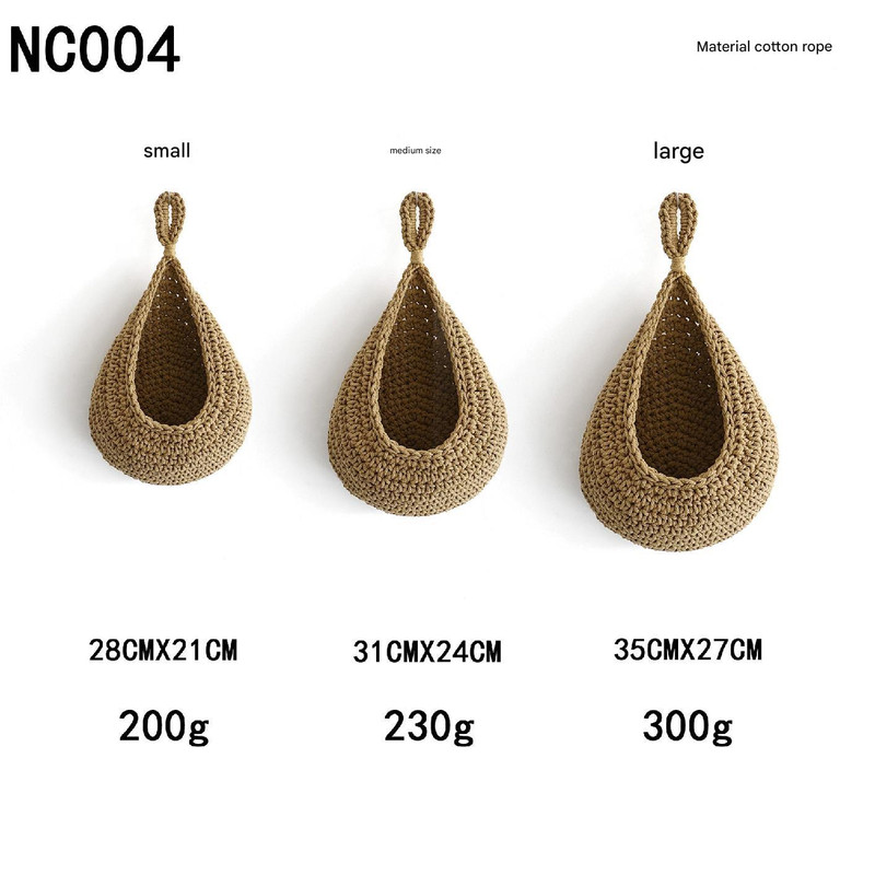 V888-ELOSUNG13638-212354-00 Khaki 3-Piece Wall-Mounted Cotton Rope Storage Baskets – Large, Medium, and Small Hand-Woven Fruit/Vegetable/Storage Nets (Large weight 300g, Medium weight 230g, Small weight 200g) - Image 1