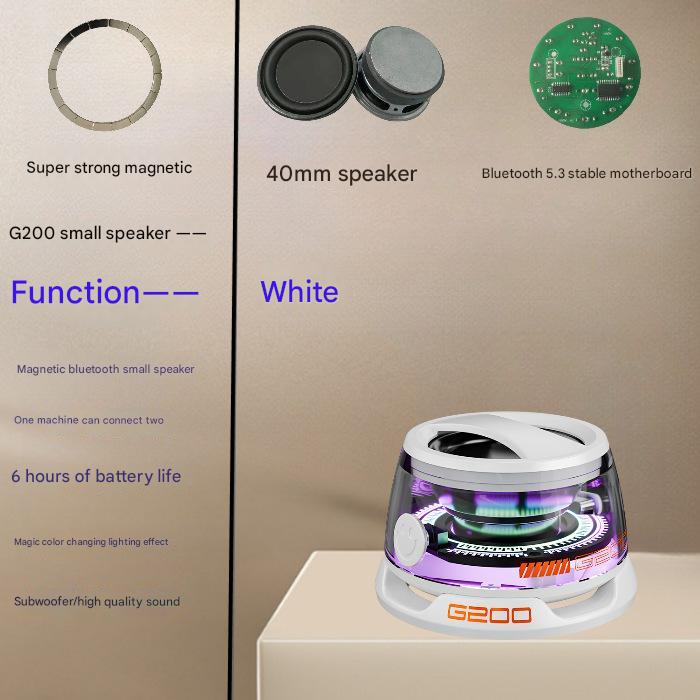 V888-ELOSUNG13665-213490-00 White Portable Mini Bluetooth Speaker with Magnetic Base, High-Quality Bass and Surround Sound, Colorful Ambient Lighting, USB Rechargeable, 6-Hour Battery Life - Image 1