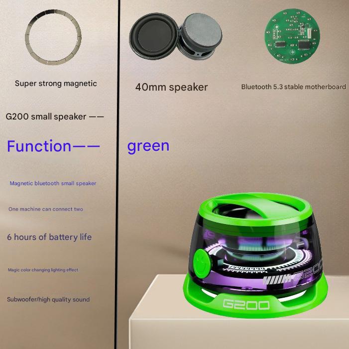 V888-ELOSUNG13667-213488-00 Green Portable Mini Bluetooth Speaker with Magnetic Base, High-Quality Bass and Surround Sound, Colorful Ambient Lighting, USB Rechargeable, 6-Hour Battery Life - Image 1